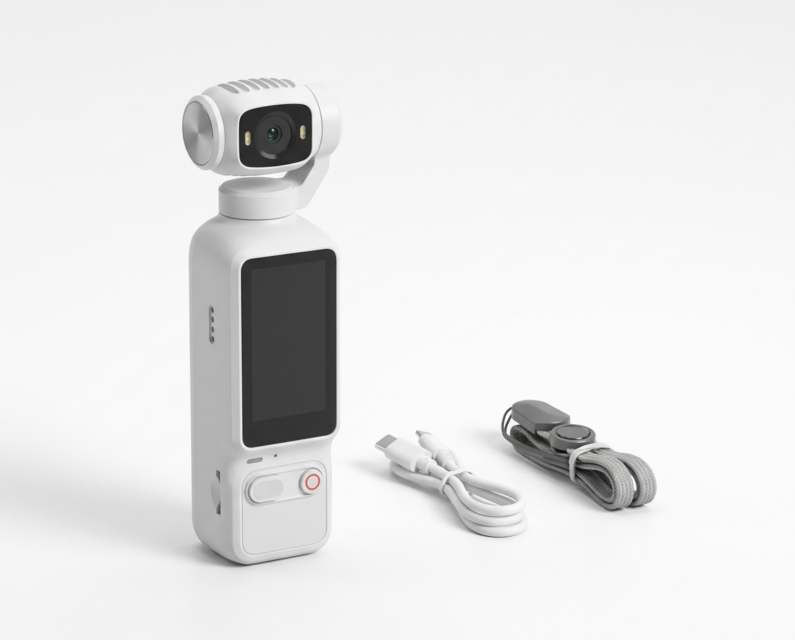 Sports camera with built in gimbal, charging cable and wrist strap